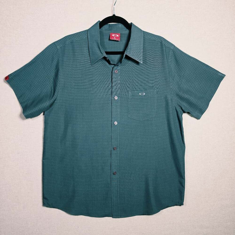 Vintage Oakley Button Up Short Sleeve Shirt Mens L Green Check Casual Logo